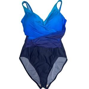 Lands End Women’s Slendersuit wrap One Piece Swimsuit Blue Ombré Size 12